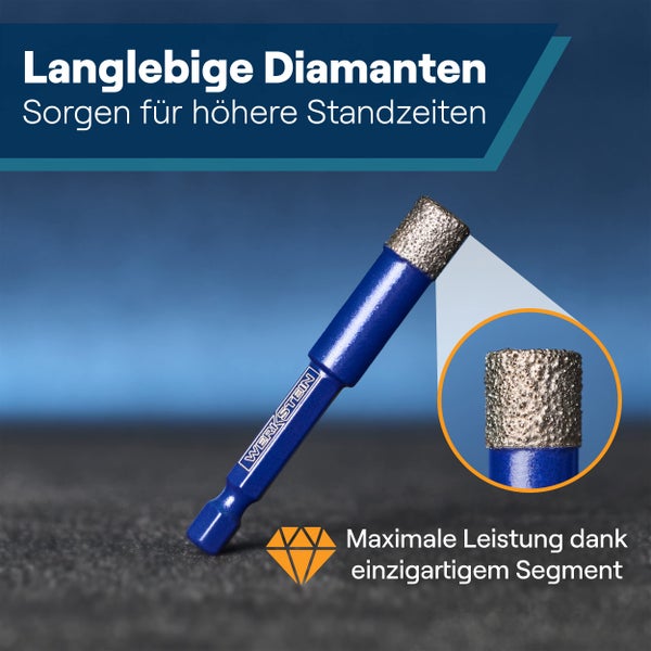 WERKSTEIN Fliesenbohrer 10mm mit Diamantbohrkrone - Extrem langlebiger Feinsteinzeug Bohrer zum Bohren von Fliesen, Glas, Keramik, Porzellan, Granit, Marmor uvm. - Diamantbohrer mit Sechskantschaft