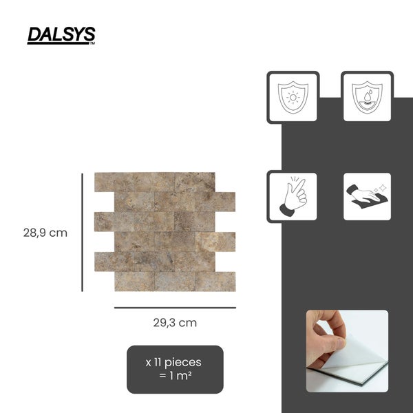Dalsys Logo, selbstklebende Mosaikfliesen in Natursteinoptik, 28,9 mal 29,3 Zentimeter, 11 Stück ergeben 1 Quadratmeter, UV-beständig.