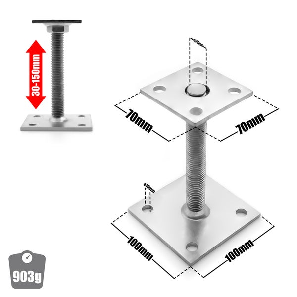 Verstellbarer Pfostenträger mit Gewindespindel, Befestigungsplatten und Maßangaben