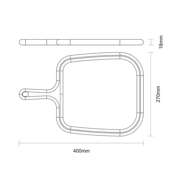 Technische Zeichnung eines Serviertabletts mit Griff und den Maßen 400 mm Breite, 270 mm Höhe und 18 mm Dicke.