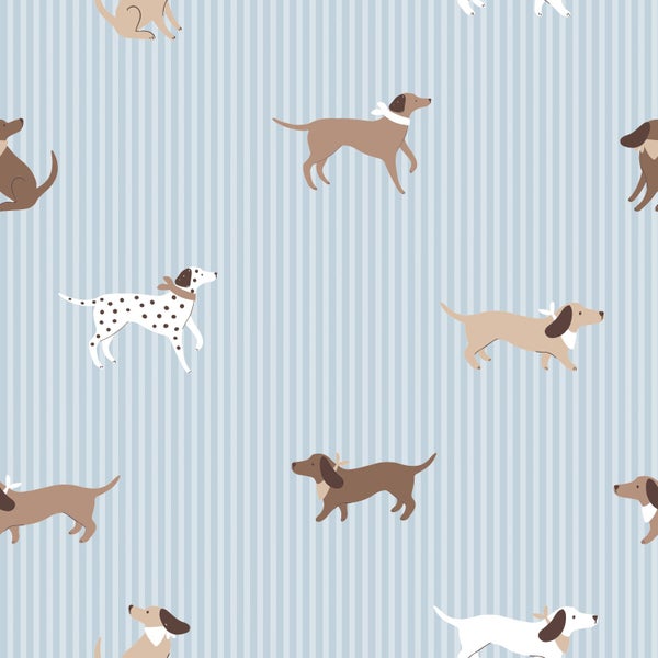 Tapete mit Hunden auf vertikal gestreiftem Hintergrund, Tiermotiv für Kinderzimmer