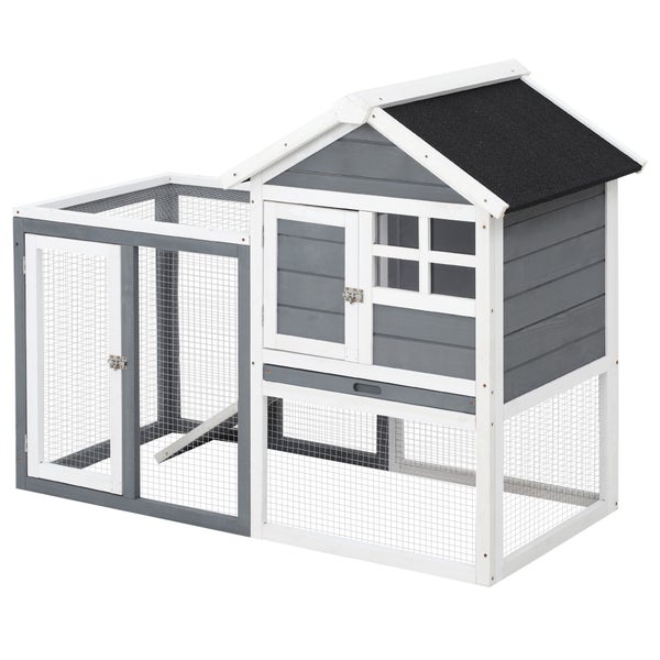 PawHut Kaninchenstall Tannenholz Indoor Outdoor Kleintierstall Kleintierkäfig Kleintierhaus Herausnehmbare Rampe und Bodenwanne Grau+Weiß+Schwarz 122 x 62,6 x 92 cm