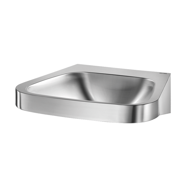 Wandhängendes Waschbecken aus satiniertem Edelstahl in rechteckiger Form mit abgerundeten Ecken.