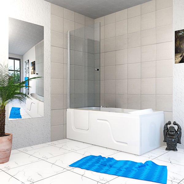 Moderne barrierefreie Badewanne mit Einstiegstür und Glas-Duschwand in einem hellen Badezimmer mit beigen Wandfliesen und Marmorboden.