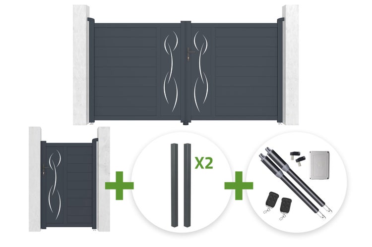 Set bestehend aus zweiflügeligem Einfahrtstor, Gartentür, zwei Pfosten und elektrischem Torantrieb mit Fernbedienungen, modernes Design, anthrazit.