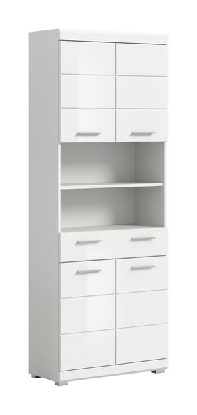 Hoher Badezimmerschrank in Weiß Hochglanz mit vier Türen, zwei Schubladen und zwei offenen Regalfächern.