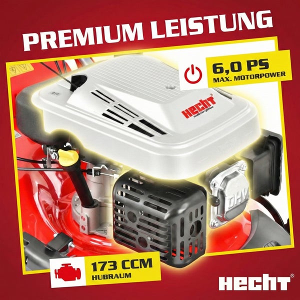 Detailansicht eines Hecht Rasenmähers mit 6,0 PS maximaler Motorleistung und 173 ccm Hubraum. Hecht Logo