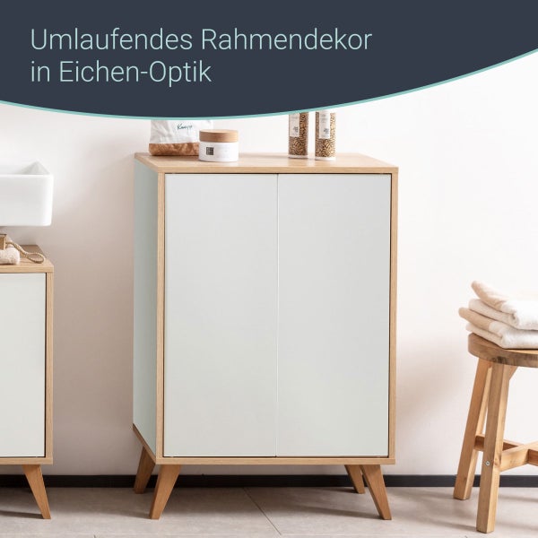 FACKELMANN FINN Badmöbel Set 2 Teile / Doppel-Midischrank mit Push-to-Open fürs Bad / 4 Holzfüße / Badschrank mit 2 Türen / Korpus & Front: Weiß / Rahmendekor & Füße: Braun hell / Breite: 60 cm