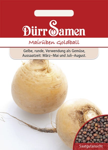 Dürr Samen Logo auf Samentüte für Mairübe Goldball mit Abbildung gelber runder Rüben und Detailansicht des Saatguts.