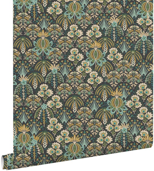 ESTAhome Tapete Blumenmuster im Jugendstil Graugrün, Blau und Beige - 50 x 900 cm - 130994