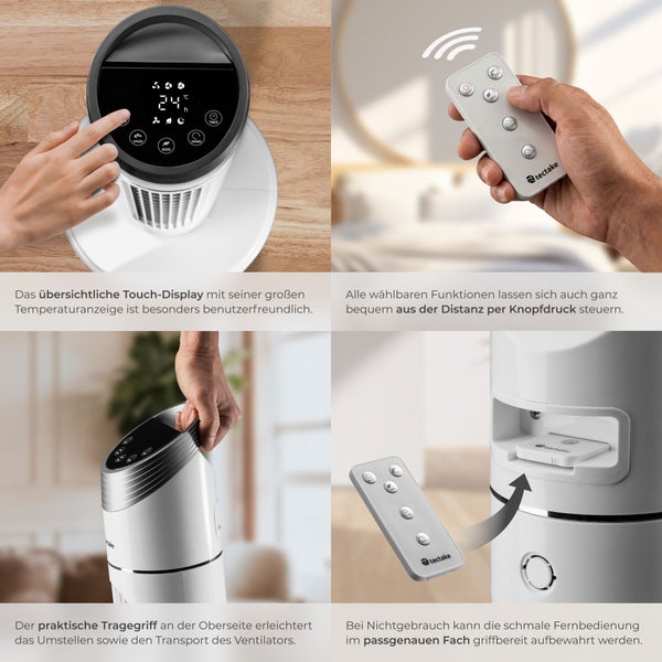 Turmventilator mit Touch-Display, Temperaturanzeige von 24 Grad, Fernbedienung, praktischem Tragegriff und Fach zur Aufbewahrung der Fernbedienung.