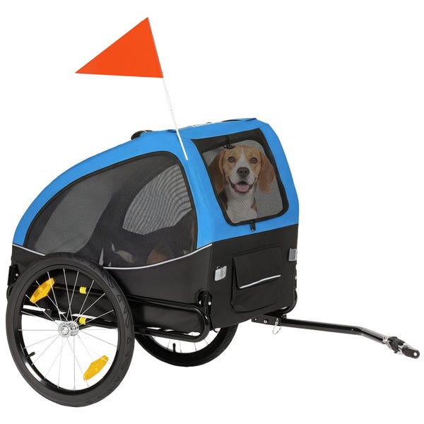Fahrradanhänger für Hunde mit Sicherheitsfahne und Netzfenstern, ein Hund sitzt im Inneren.