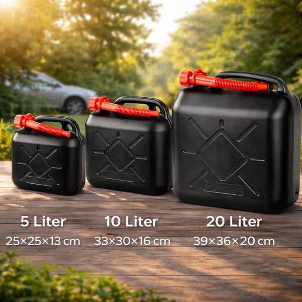 Drei schwarze Kraftstoffkanister mit rotem Ausgießer in den Größen 5 Liter, 10 Liter und 20 Liter.