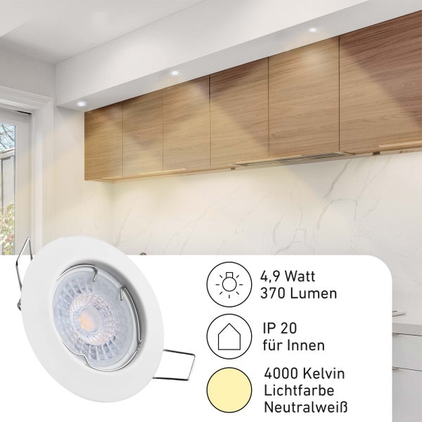 Runder LED Einbaustrahler in einer modernen Küche, 4,9 Watt, 370 Lumen, Schutzart IP 20 für den Innenbereich, 4000 Kelvin neutralweiß.
