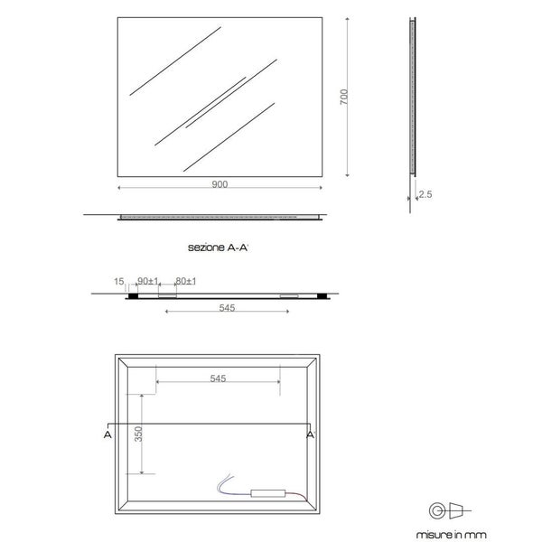 Badezimmermöbel Spiegel 90 x 70 cm mit LED-Beleuchtung