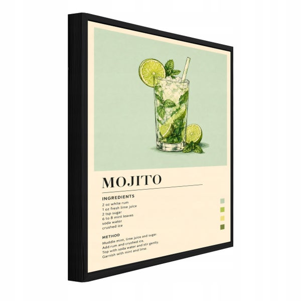 Wandbild mit Mojito Rezept Illustration in einem schwarzen Rahmen für die Wanddekoration