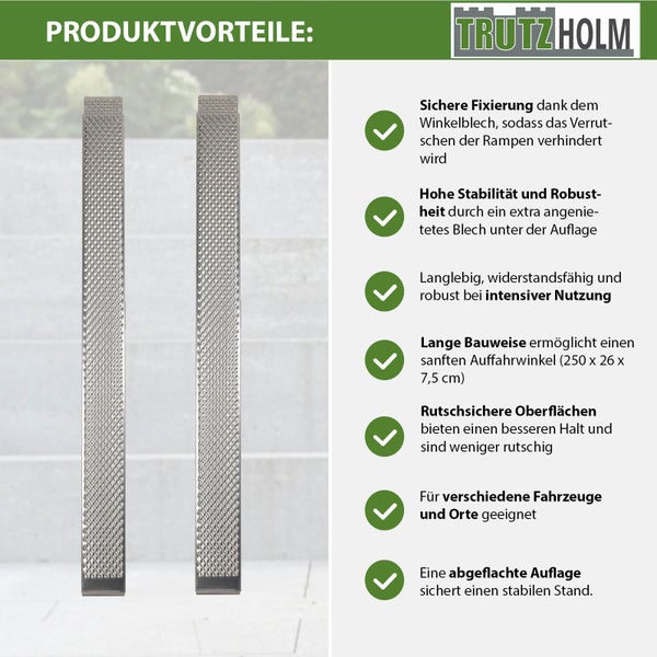 Trutzholm Logo. Zwei Auffahrrampen aus Metall mit geriffelter Oberfläche und Produktvorteile.