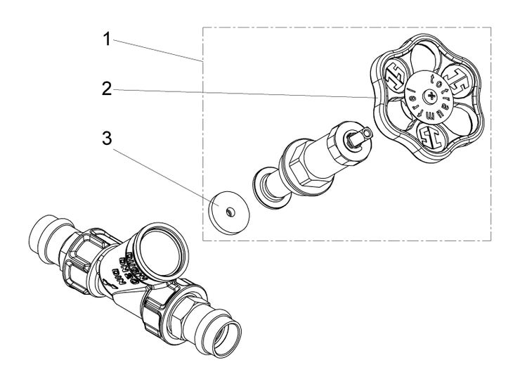 Explosionszeichnung eines Ersatzteilsets für frostsichere Außenarmaturen mit Ventiloberteil, Dichtung und Handrad.