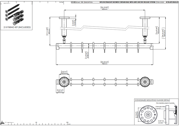 Technische Zeichnung einer geraden Duschvorhangstange aus Nylon mit Maßen, Ringen und Befestigungsset.