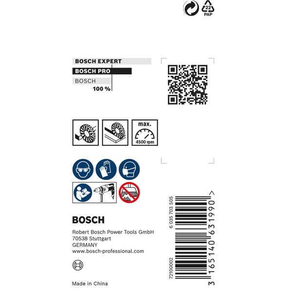 Bosch Verpackungsaufdruck mit Sicherheitshinweisen, Barcode und Papierentsorgungshinweis