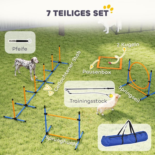 PawHut Agility Set Hunde 7-teilig Agility-Ausrüstung für Hundetraining Steckhürdenset mit Slalomstangen Sprunghoop 2 Bälle höhenverstellbar Hürden Koordinationstraining für Spiele Training