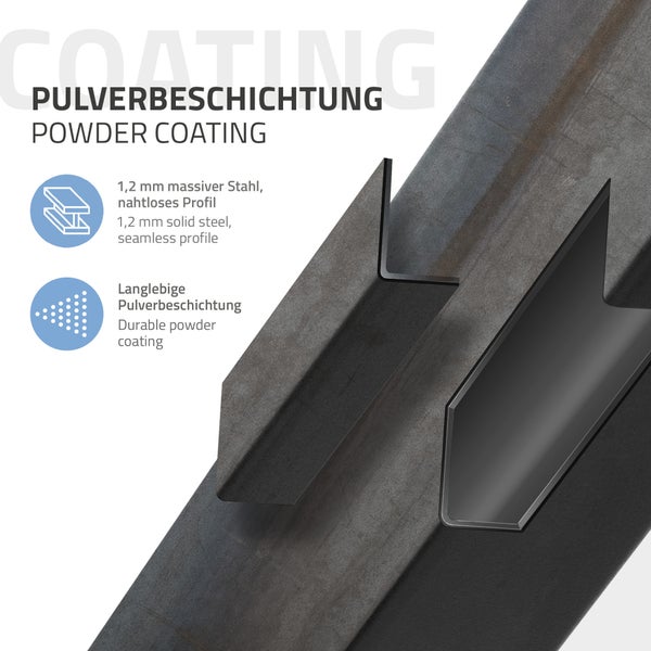 Detail eines Stahlprofils mit langlebiger Pulverbeschichtung aus 1,2 Millimeter massivem Stahl.
