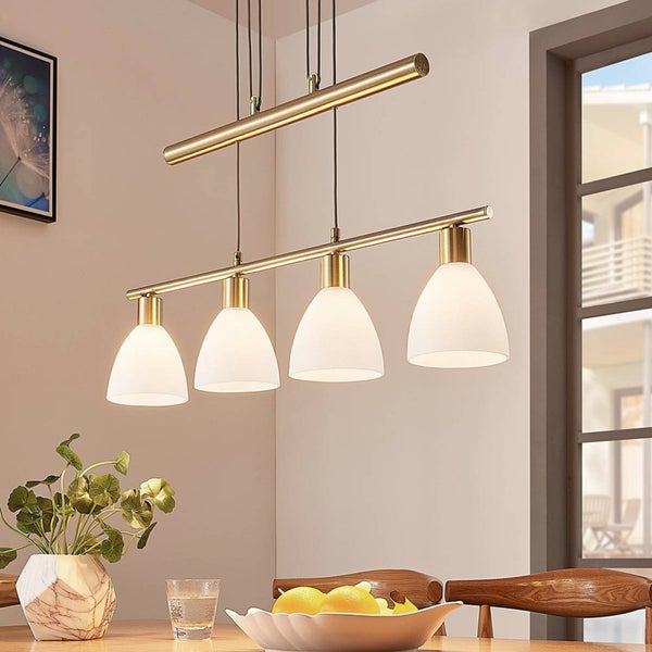 Lindby Hängelampe 4 flammig, höhenverstellbar Esstisch Pendelleuchte Glas Metall Messing matt Hängeleuchte Esszimmer Wohnzimmer Küche Bar Balkenpendelleuchte