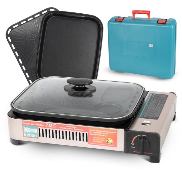 ZMC 2-in-1 Gaskocher und Gasgrill inkl. Grillplatte, Pfanne, Glasdeckel und Koffer | Campingkocher für innen- und Außenbereich, Multi Campinggaskocher