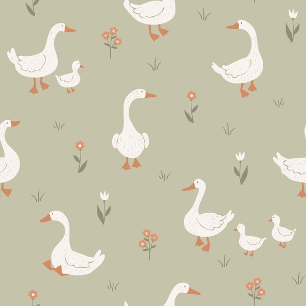 Nahtloses Muster mit Gänsefamilien und Blumen