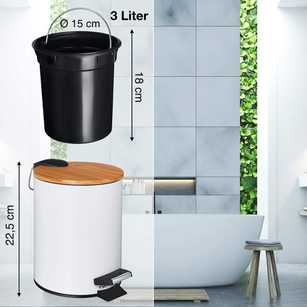 VMbathrooms 3L Kosmetikeimer in edlem weißem Design | Tretmülleimer mit Absenkautomatik (Soft Close) | Eleganter Eimer fürs Bad mit Innenbehälter und Bambus-Holzdeckel