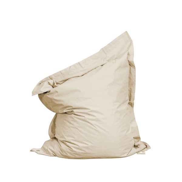 Beigefarbener Sitzsack aus strapazierfähigem Stoff.