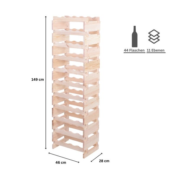 Weinregal VINOTECA FLEX PRO HxBxT 149x46x28cm 44 Flaschen auf 11 Ebenen Massives Kiefernholz Natur unbehandelt