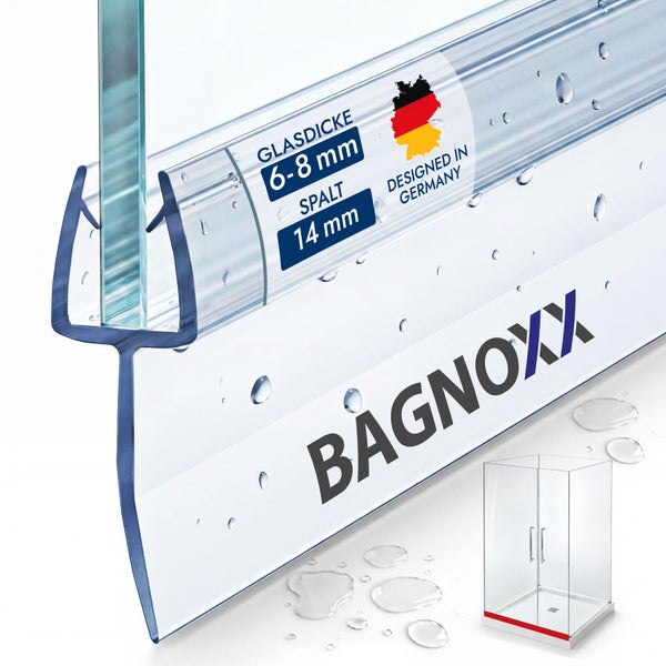 Transparente Duschdichtung für 6 bis 8 Millimeter Glasstärke und 14 Millimeter Spaltmaß von BÅGNOXX. In Deutschland entworfen. BÅGNOXX Logo.