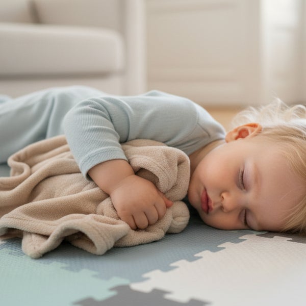 Kleinkind schläft auf einer weichen Spielmatte mit einer Kuscheldecke in einer hellen und wohnlichen Umgebung.