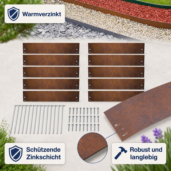 Set aus zehn Rasenkanten aus Metall mit Rostoptik inklusive Erdnägeln und Schrauben zur Gartenbegrenzung.