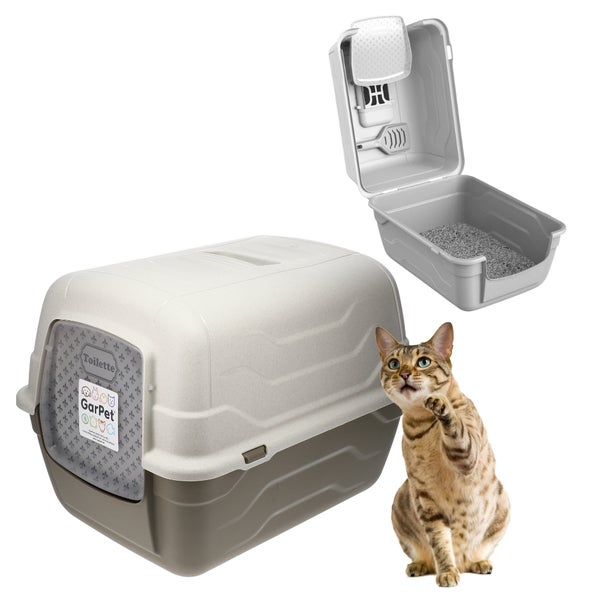 Kunststoff Haubentoilette für Katzen mit Schwingtür, Filter und Streuschaufel. GarPet Logo.
