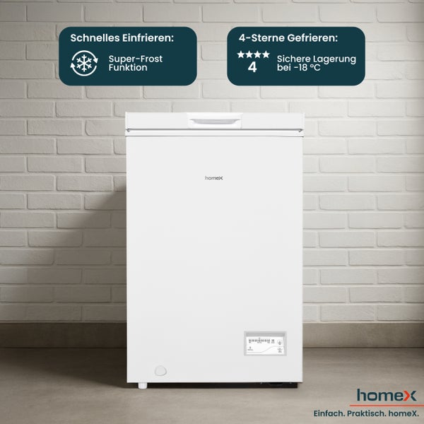 Weisse HomeX Gefriertruhe mit Super Frost Funktion und 4 Sterne Gefrierfach