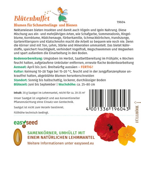 Rückseite der Verpackung von easyseed Blütenbuffet, Saatgut für Bienen und Schmetterlinge mit Hinweisen zu Aussaat, Standort und Lehmmantel.