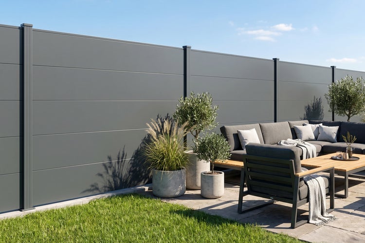 Moderner Sichtschutzzaun aus Metall entlang einer Terrasse mit Lounge Möbeln und Pflanzkübeln im Garten.