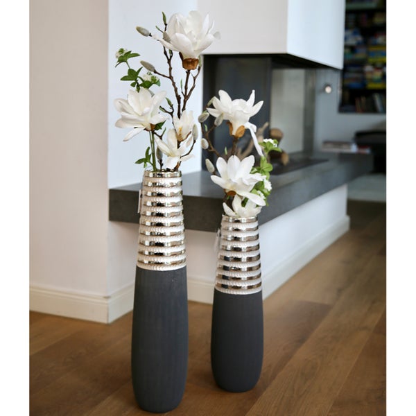 Vase GILDE Vasen Höhe 50cm Breite 15cm grau, silberfarben Keramik