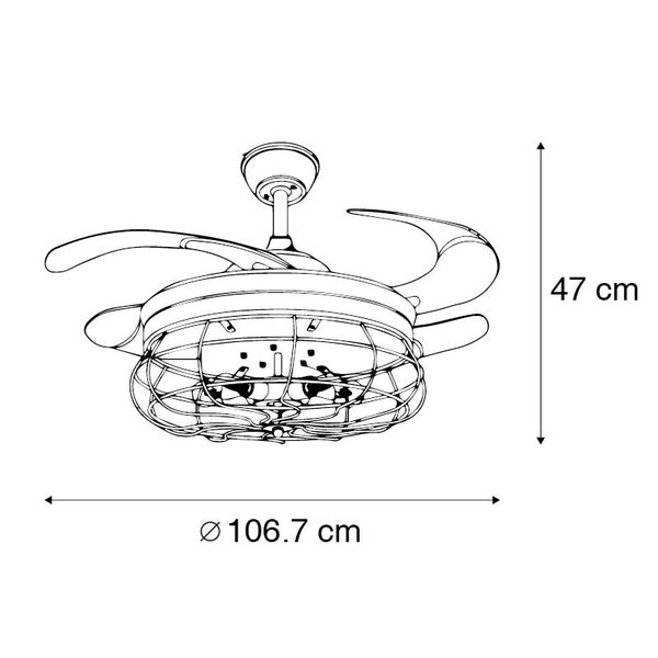 Technische Zeichnung eines Deckenventilators mit Käfigleuchte, Höhe 47 Zentimeter, Durchmesser 106,7 Zentimeter.