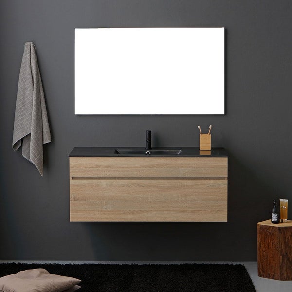 Moderner Waschtisch mit Holzoptik Front, integriertem Waschbecken und Spiegel in einem Badezimmer.