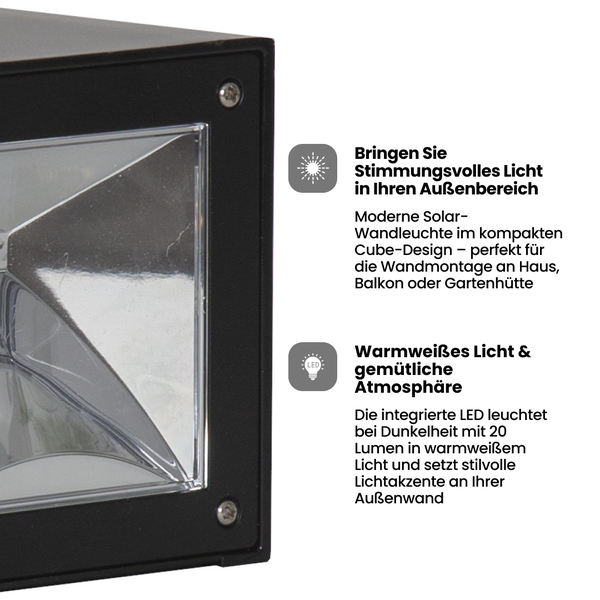Moderne Solar Wandleuchte im Cube Design für Haus, Balkon oder Gartenhütte