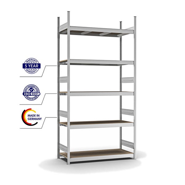 PROREGAL Weitspannregal Stecksystem T-Profil Grundregal HxBxT 300x150x50 cm 5 Ebenen Spanplatten Fachboden Fachlast 350 kg Verzinkt
