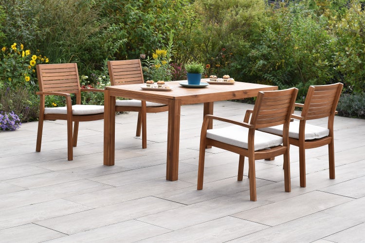 Batavia Set 9tlg., 4 Stapelsessel, 4 Auflagen, Ausziehtisch 150 (200) x 90 cm, Akazie