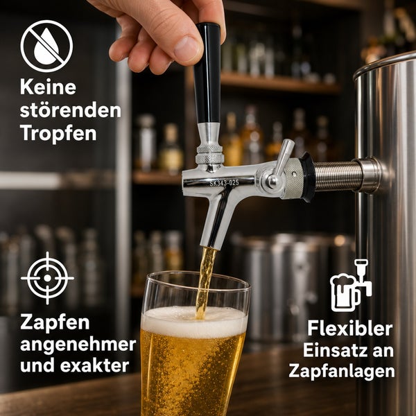 Bierhahn aus Edelstahl beim Zapfen eines Glases Bier mit Hinweis auf tropffreies Design und präzise Dosierung für Zapfanlagen.