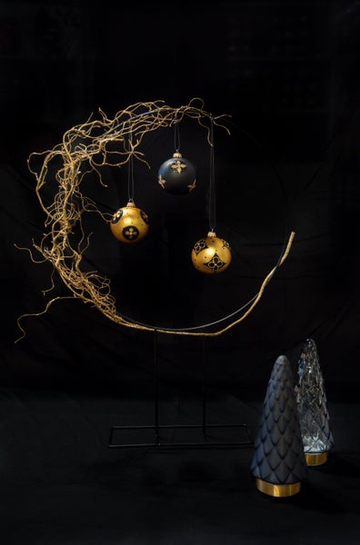 Gold & Schwarz, 3-er Set, stilisierte Blumen, Strasssteine, 8cm, 3 Stck., Weihnachtsbaumkugeln, Christbaumschmuck, Weihnachtsbaumanhänger