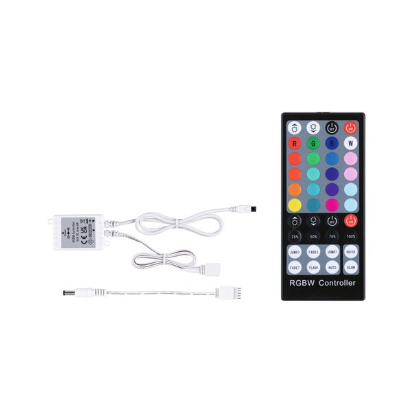 RGBW LED Controller Set mit Infrarot-Fernbedienung, Empfängermodul und Anschlusskabeln zur Steuerung von LED-Streifen.
