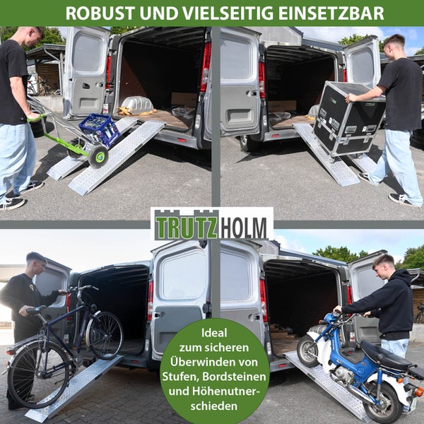 Mehrfachansicht von Trutzholm Verladeschienen im Einsatz zum Verladen von Transportwagen, Boxen, Fahrrädern und Motorrollern in einen Transporter