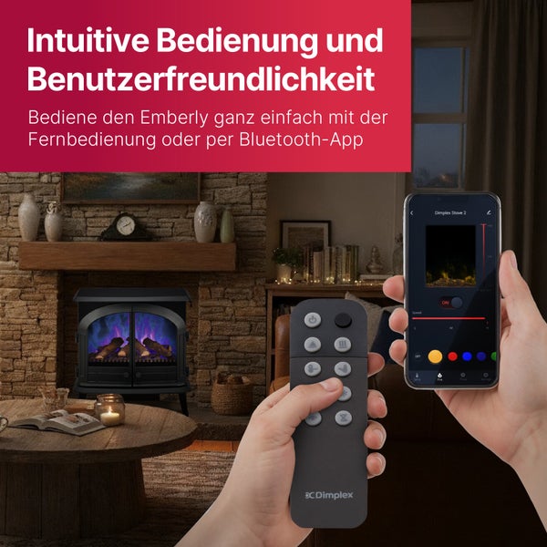 Elektrischer Kamin Dimplex Emberly gesteuert per App und Fernbedienung mit Dimplex Logo in einem Wohnzimmer mit Steinwand.
